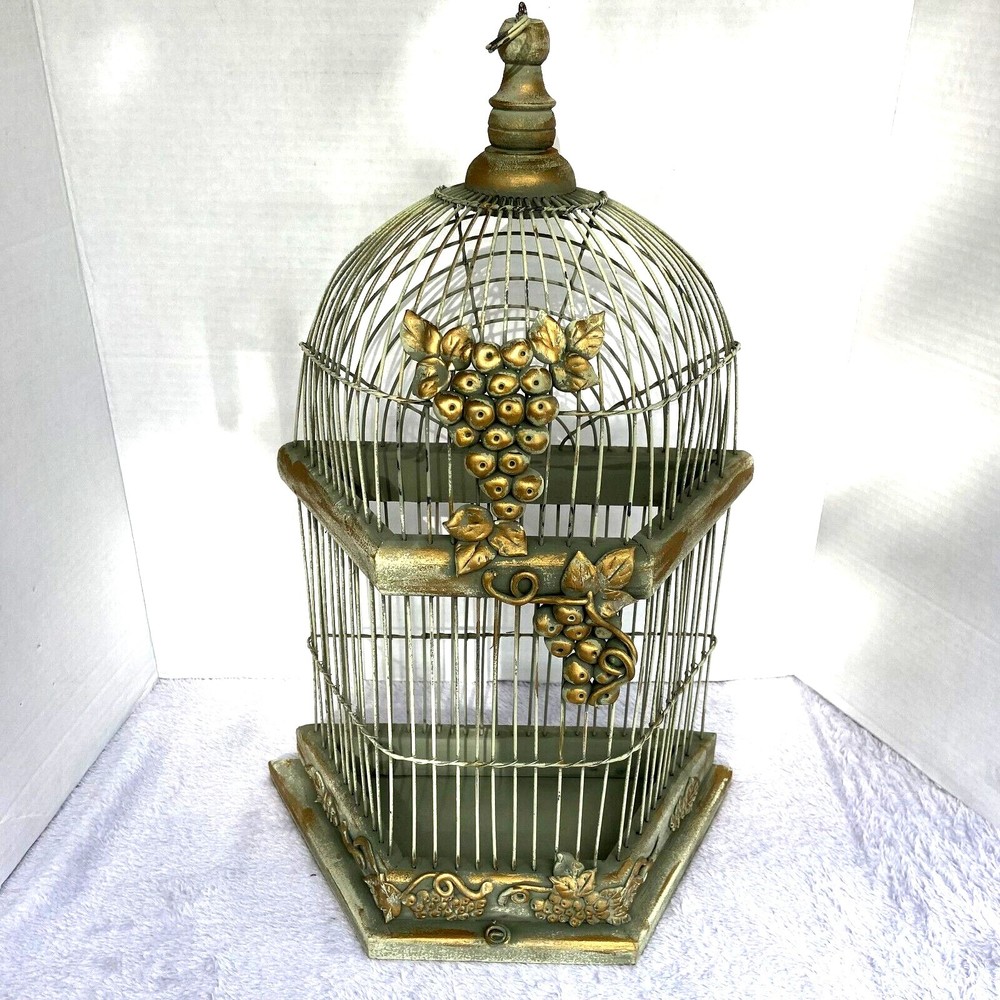 Vintage MCM 60s 70s Metal/Wood Hanging Ornate Decorative Bird Cage Shabby Chic